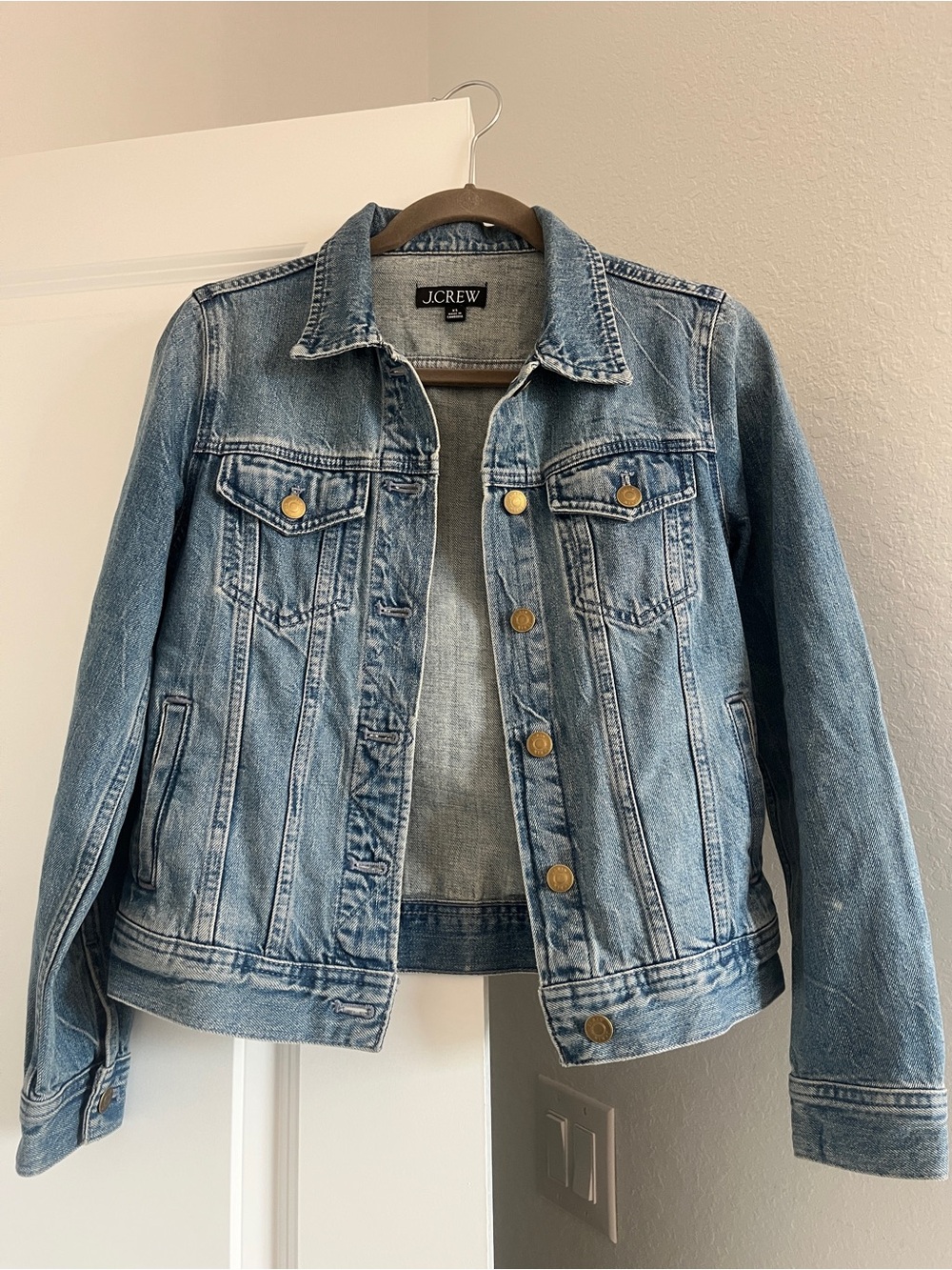 J. Crew Medium Wash Blue Denim Jacket with Brass Buttons